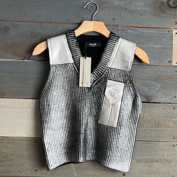 REVOLVE Sweaters - Zoey W. Los Angeles Metallic Knit V Neck Patch Vest Grey Silver